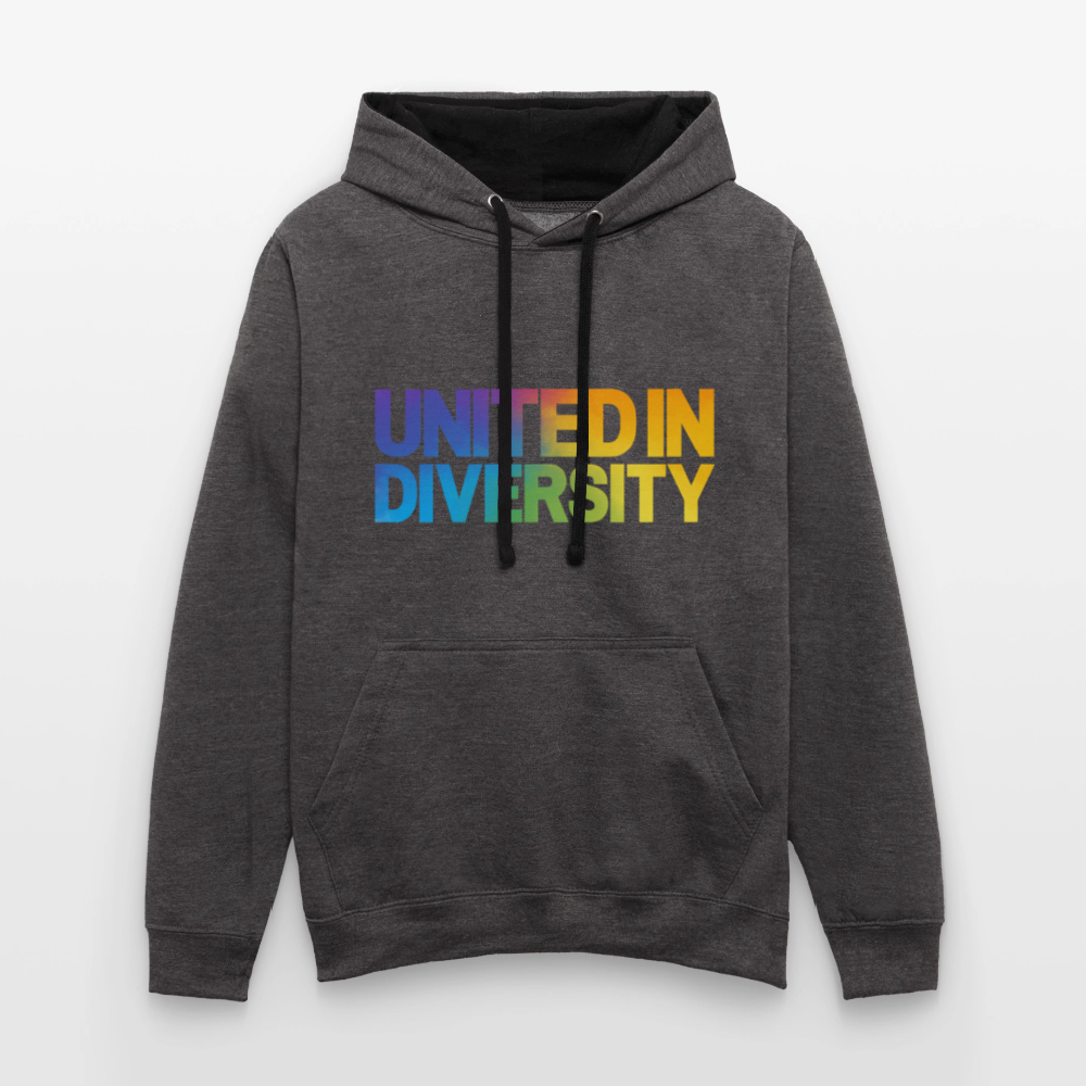 Contrast Colour Hoodie - "United in Diversity - LGBTQ" - charcoal/black