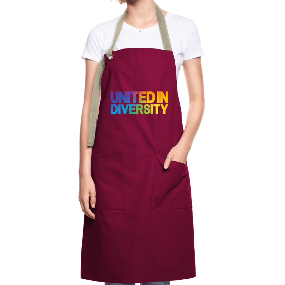 Artisan Apron - "United in Diversity - LGBTQ" - burgundy / desert sand