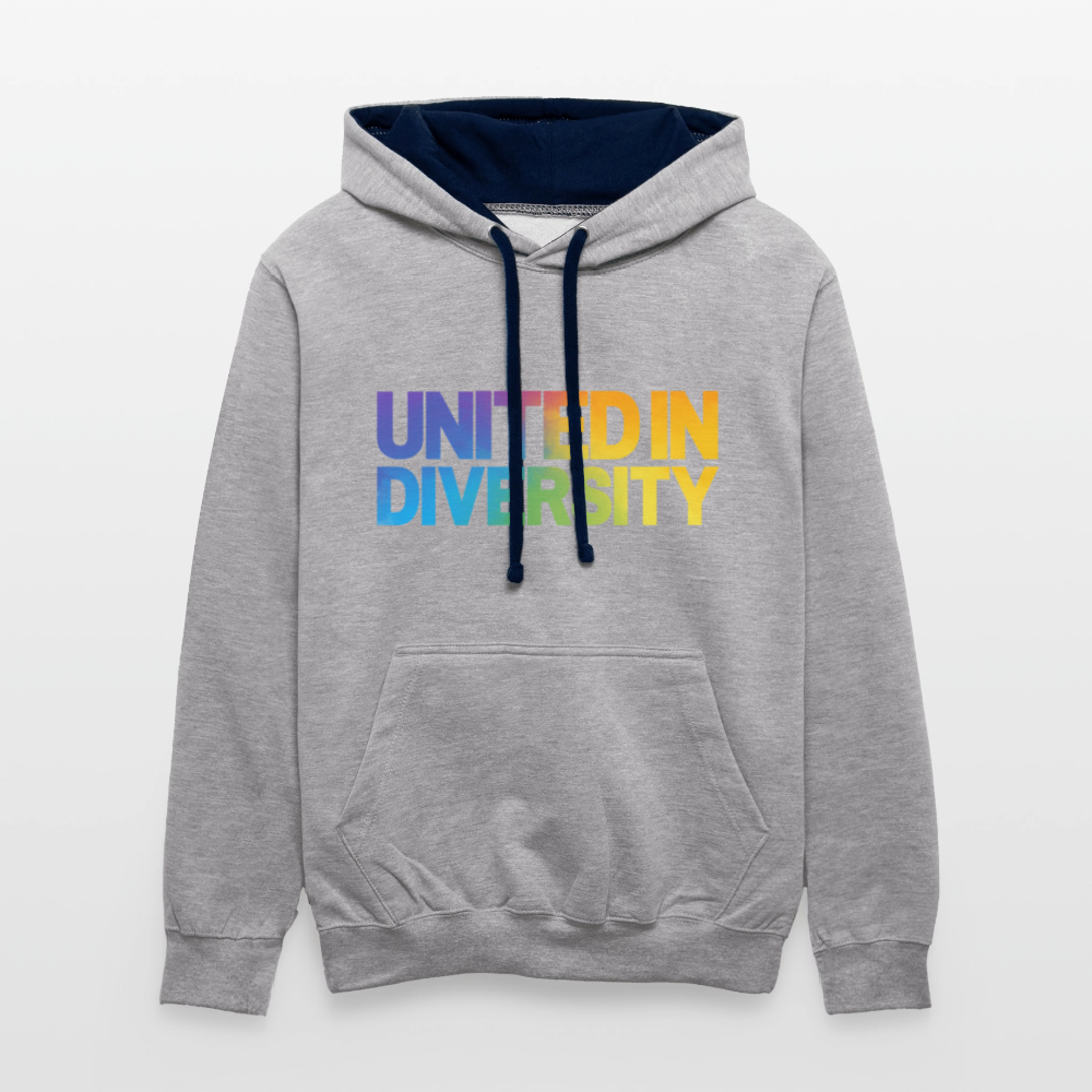 Contrast Colour Hoodie - "United in Diversity - LGBTQ" - heather grey/navy