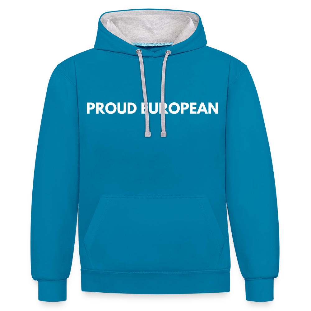 "PROUD EUROPEAN" - Kontrast-Hoodie - peacock blue/heather grey