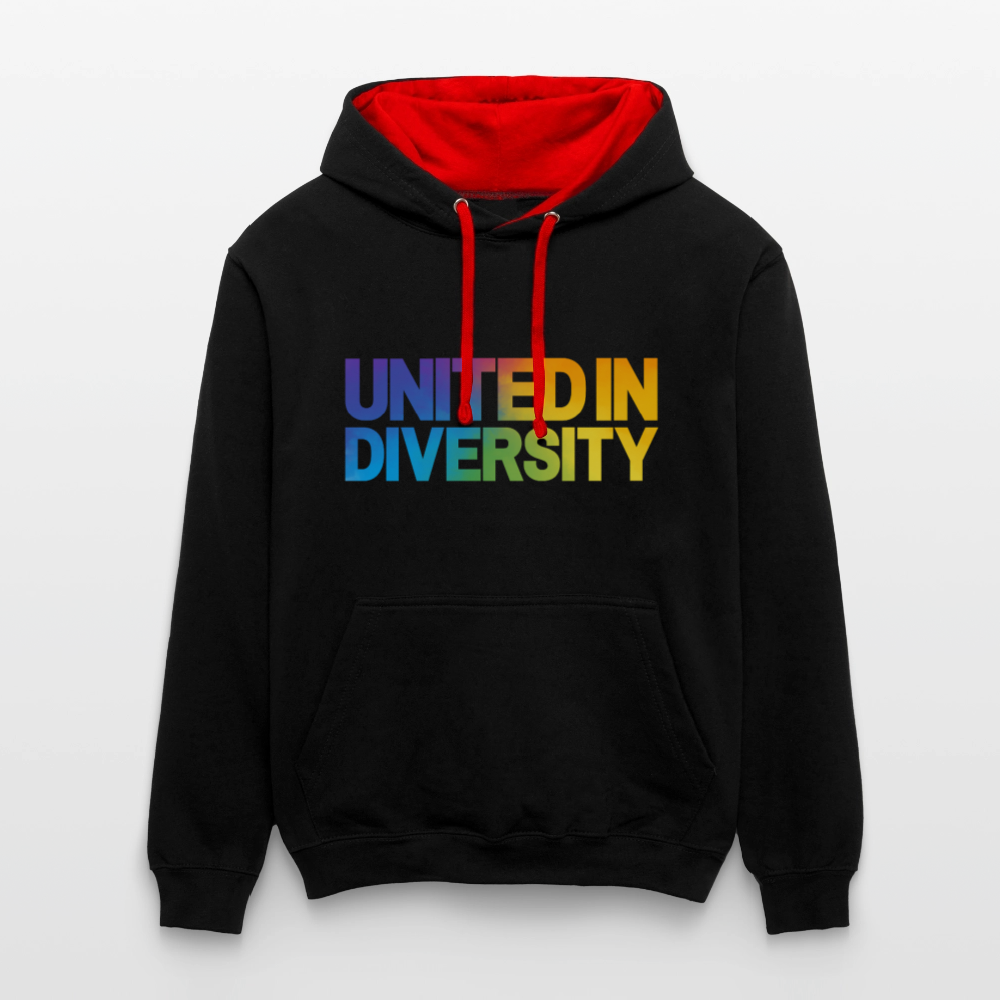 Contrast Colour Hoodie - "United in Diversity - LGBTQ" - black/red
