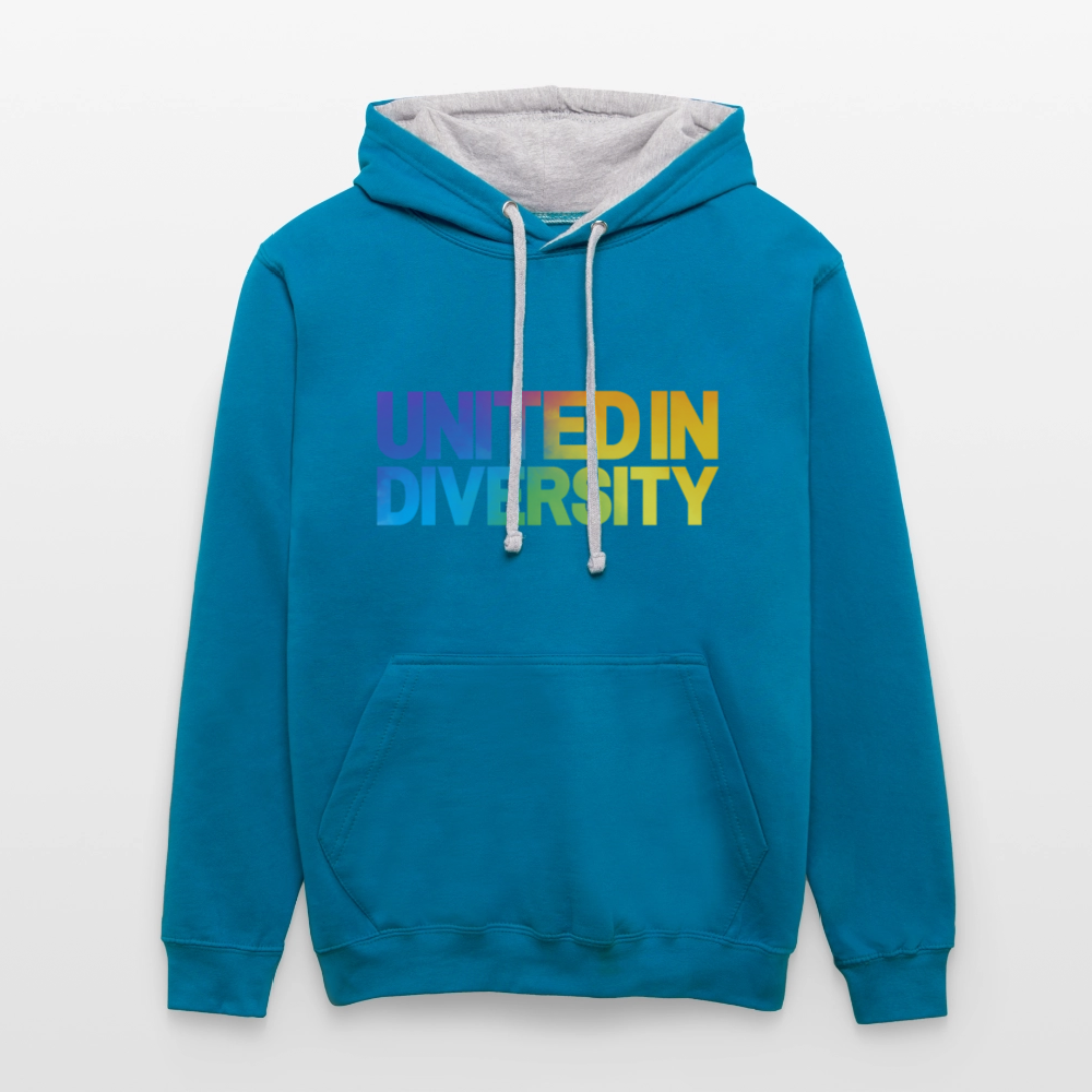 Contrast Colour Hoodie - "United in Diversity - LGBTQ" - peacock blue/heather grey