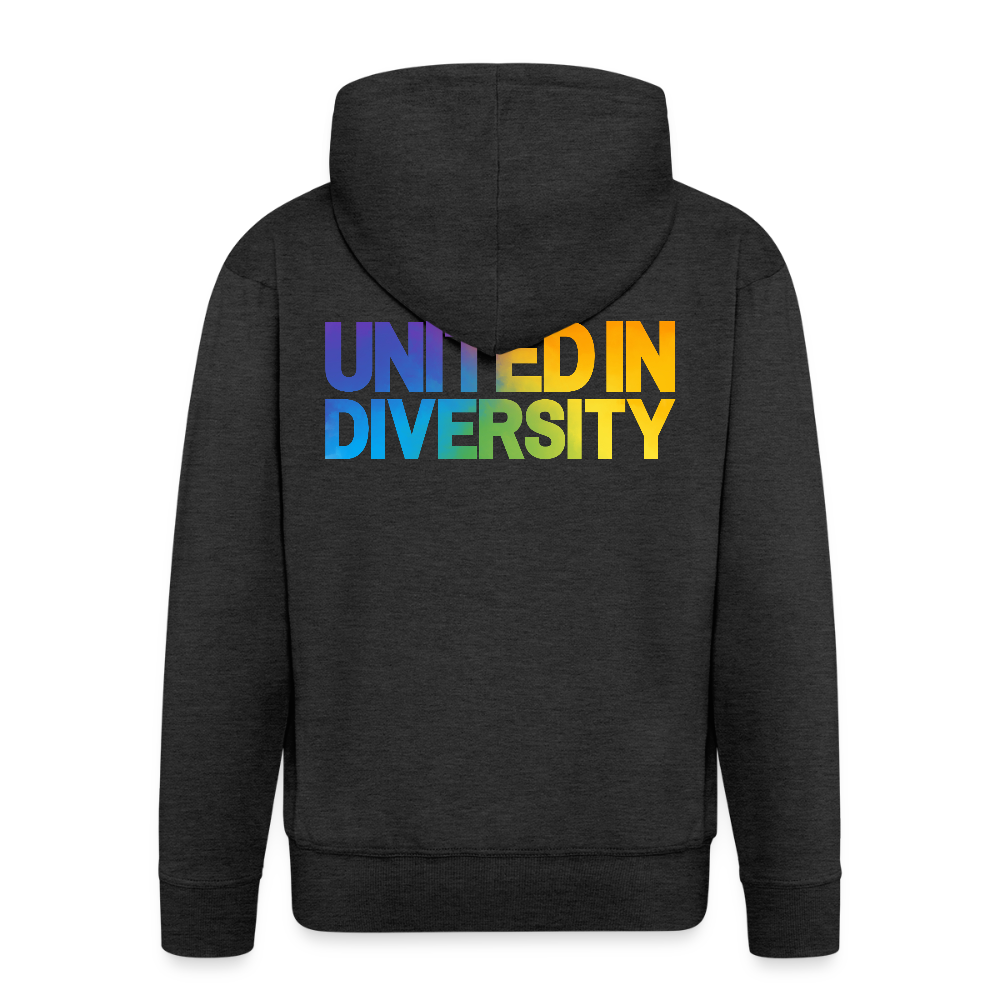 Men's Premium Hooded Jacket - "United in Diversity - LGBTQ" - charcoal grey
