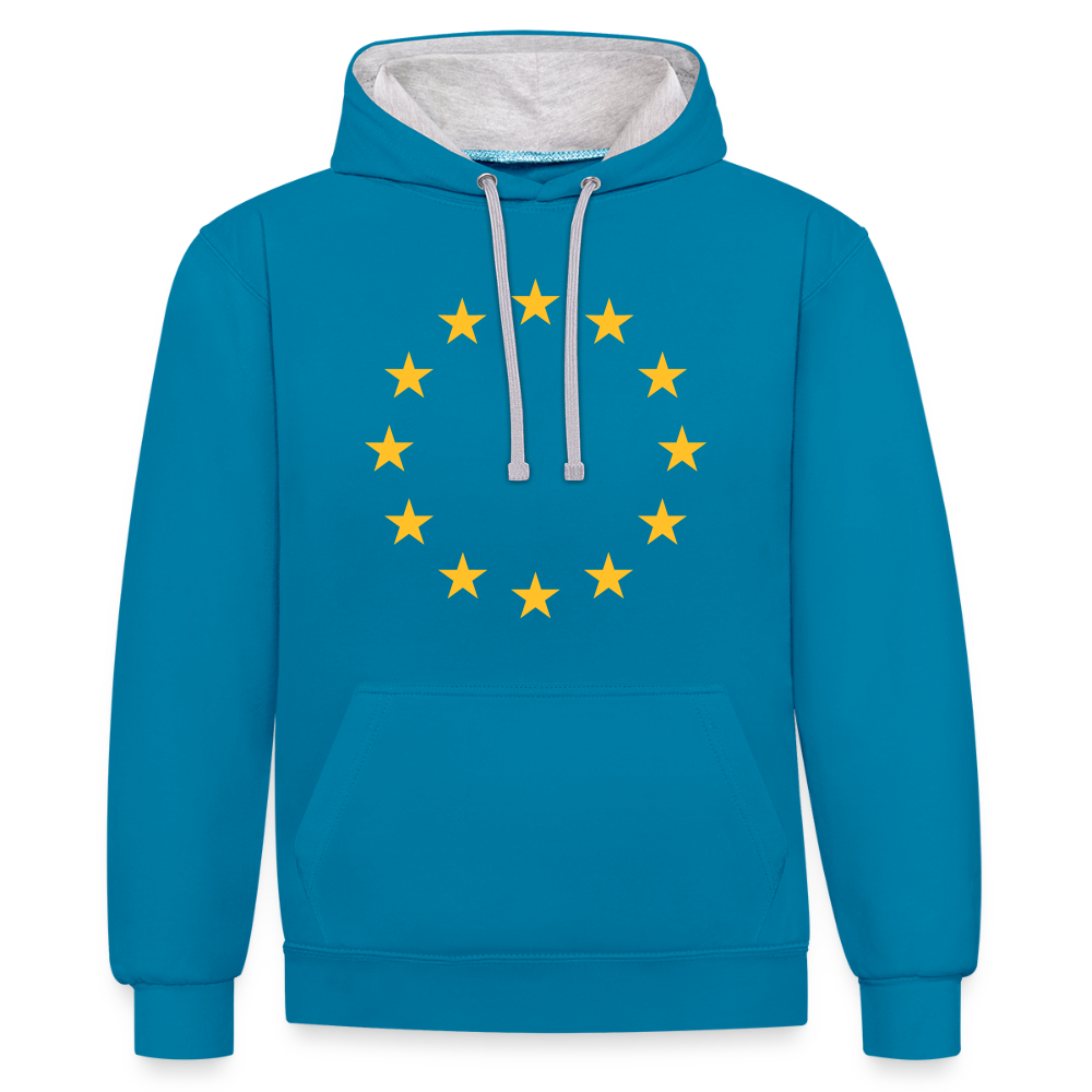 "12-Stars" - Contrast Colour Hoodie - peacock blue/heather grey