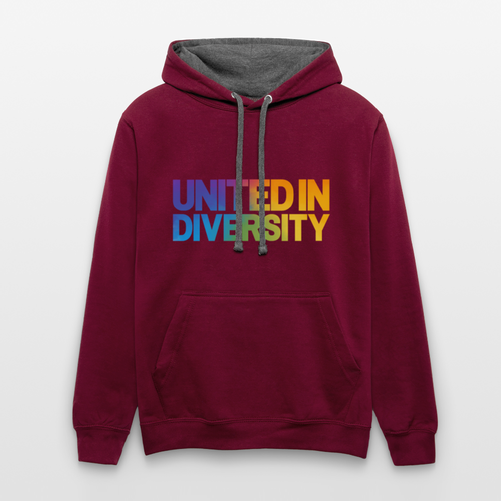 Contrast Colour Hoodie - "United in Diversity - LGBTQ" - burgundy/charcoal