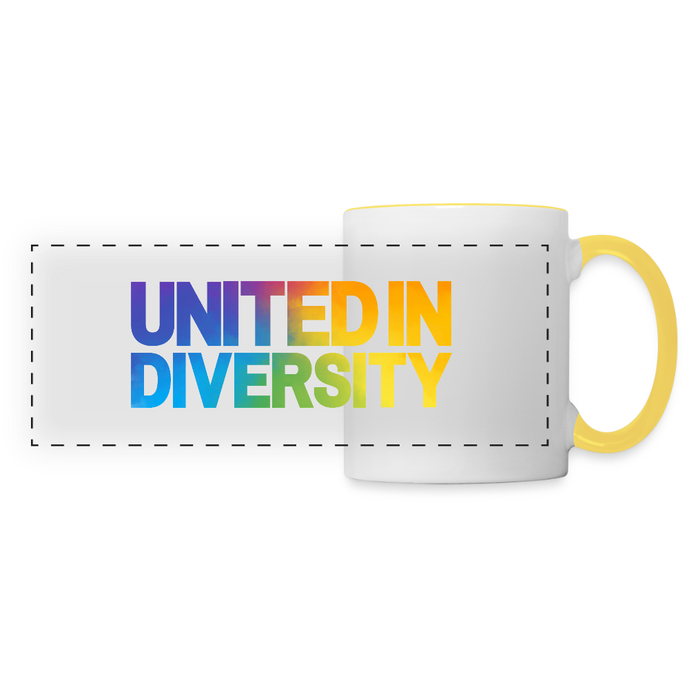 Panoramic Mug - "United in Diversity - LGBTQ" - white/yellow
