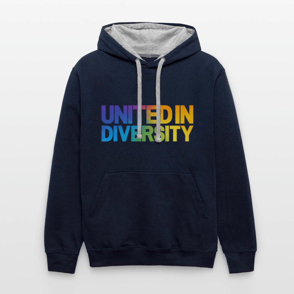 Contrast Colour Hoodie - "United in Diversity - LGBTQ" - navy/heather grey