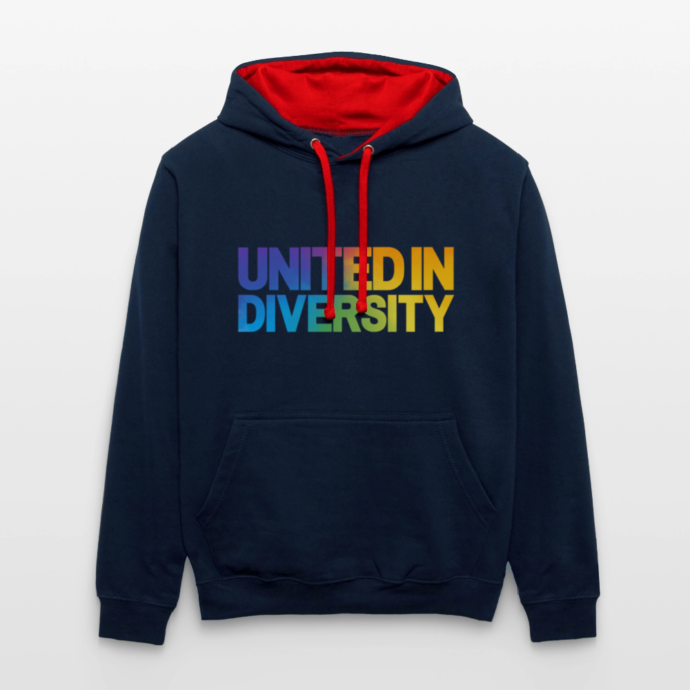 Contrast Colour Hoodie - "United in Diversity - LGBTQ" - navy/red