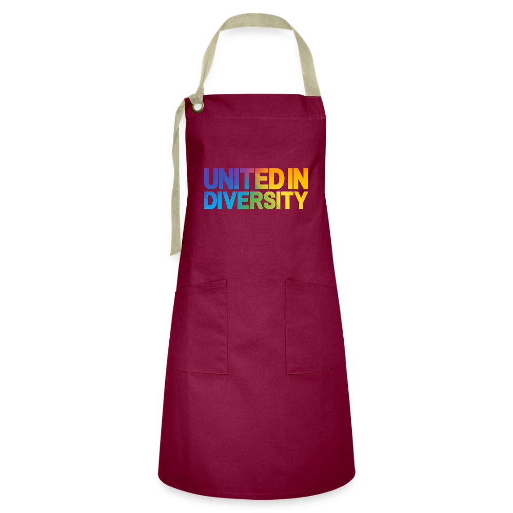 Artisan Apron - "United in Diversity - LGBTQ" - burgundy / desert sand